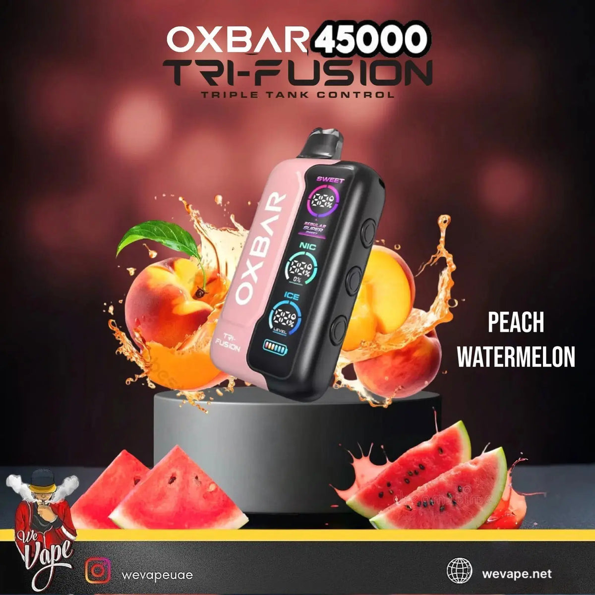 OXBAR 45000 Tri-Fusion vape device with peach and watermelon graphics on a dark background. ORDER NOW AND GET FREE DELIVERY.