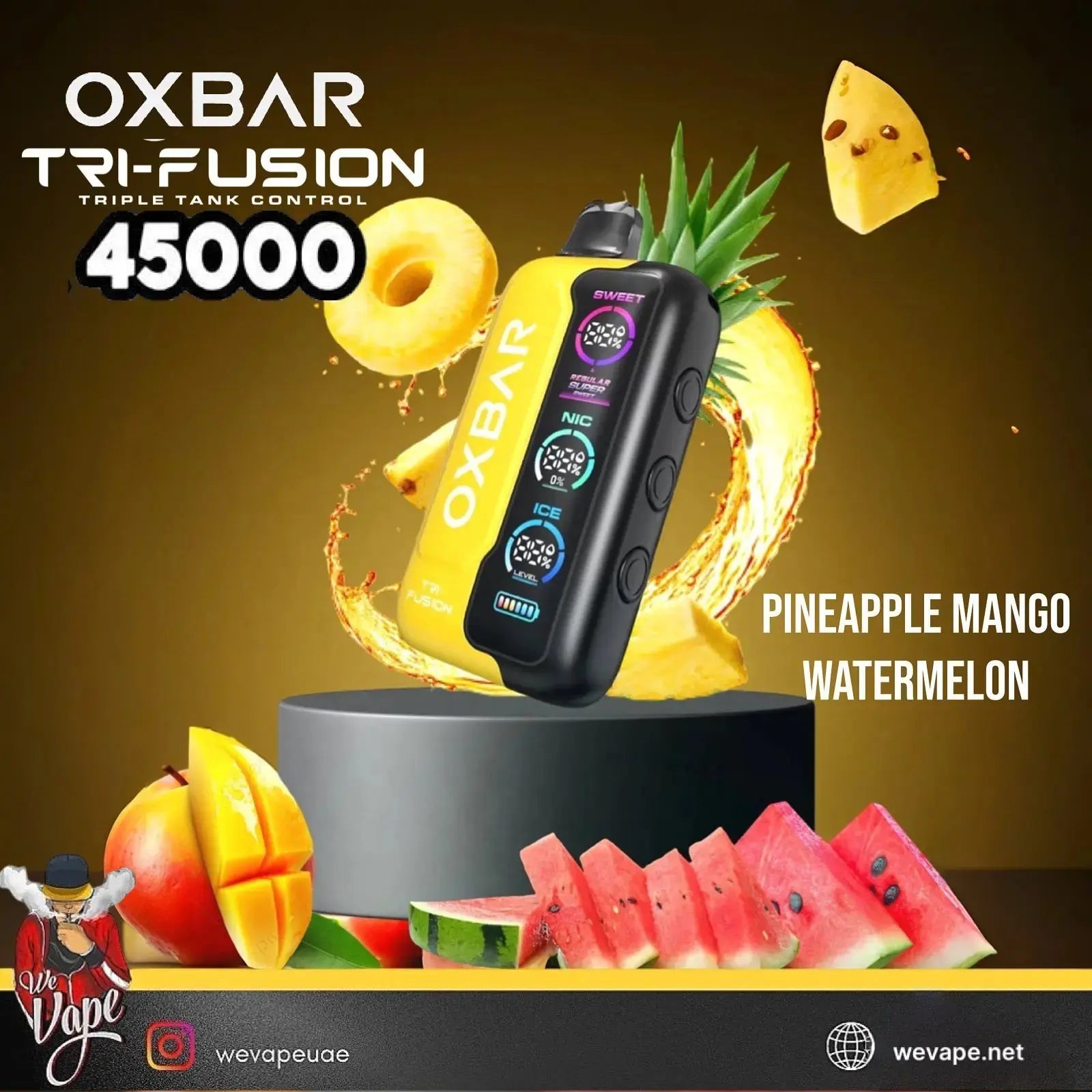 OXBAR Tri-Fusion vape device with pineapple, mango, and watermelon graphics on a dark background. ORDER NOW AND GET FREE DELIVERY!