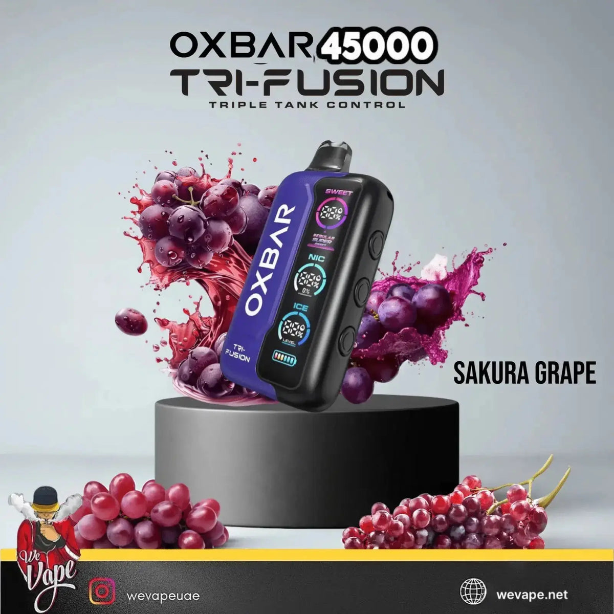OXBAR 45000 Tri-Fusion vape device with sakura grape flavor on a gray background. ORDER NOW AND GET FREE DELIVERY