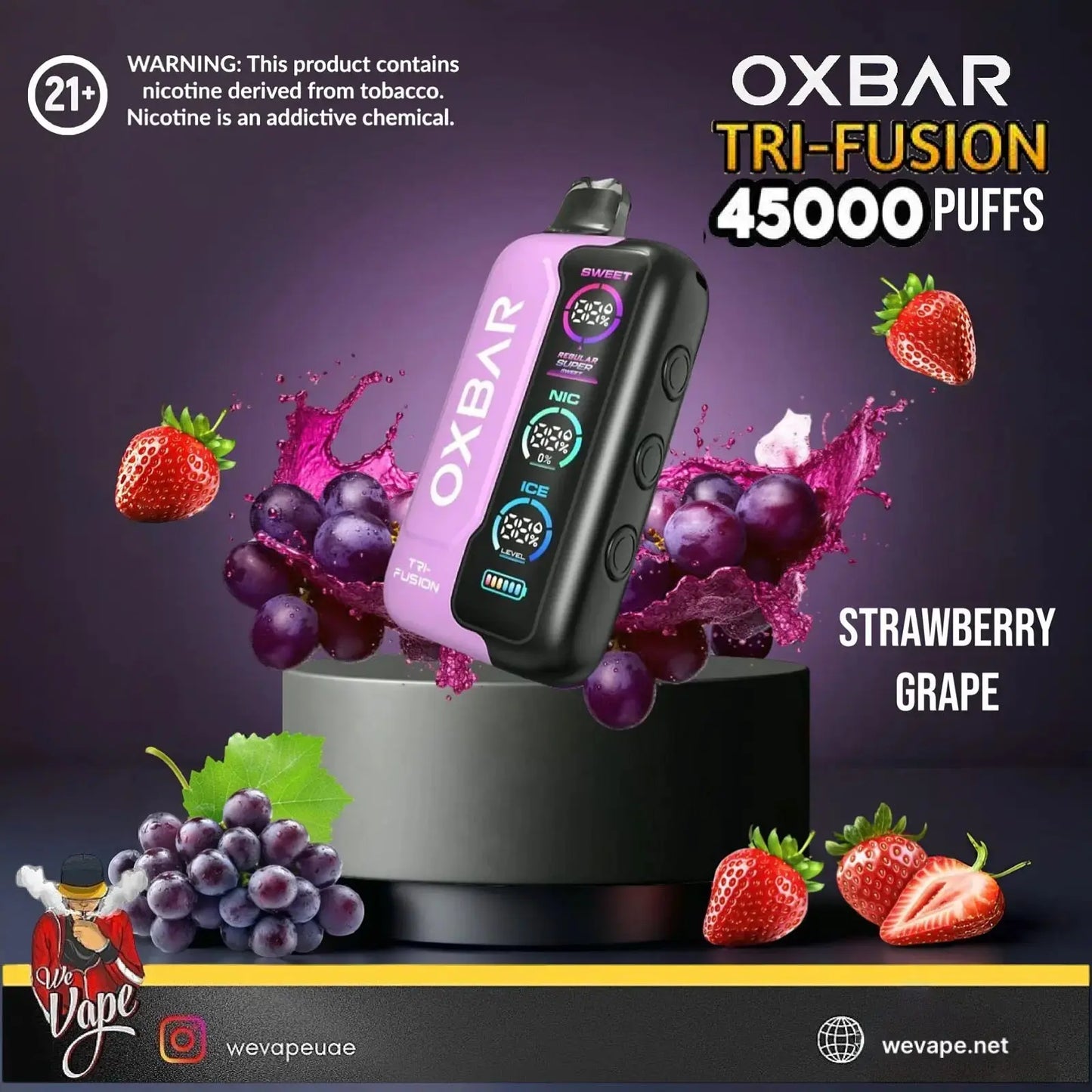 OXBAR Tri-Fusion vape device with strawberry and grape flavors on a dark background. ORDER NOW AND GET FREE DELIVERY!