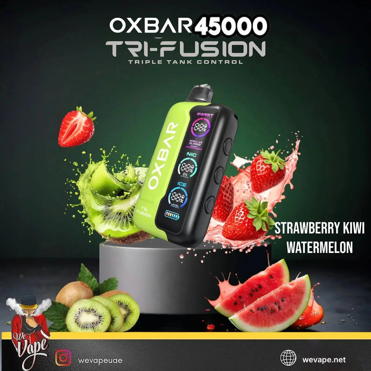 OXBAR 45000 Tri-Fusion vape device with fruit graphics on a dark background. ORDER NOW AND GET FREE DELIVERY