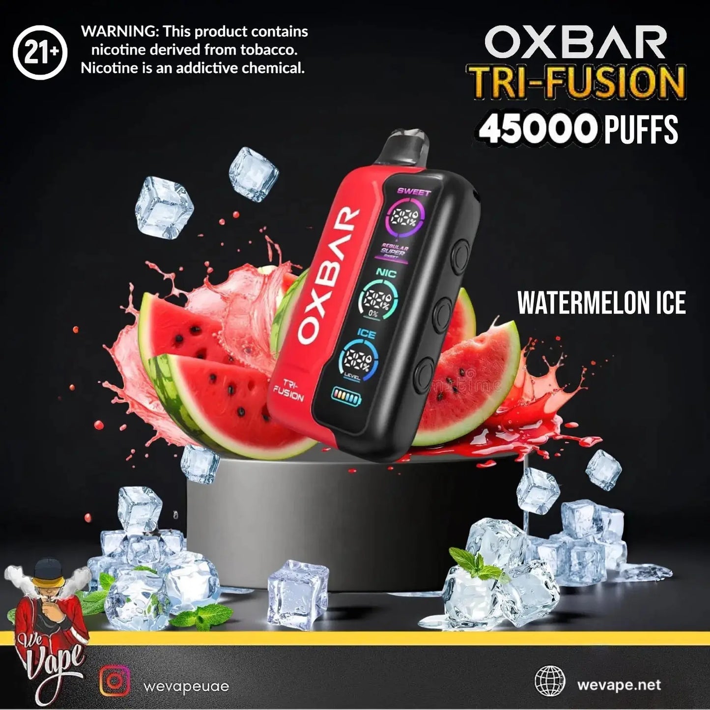 OXBAR Tri-Fusion vape device with watermelon ice flavor on a black background. ORDER NOW AND GET FREE DELIVERY 