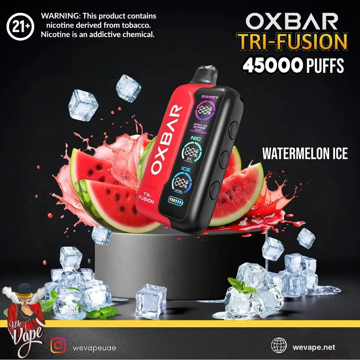 OXBAR Tri-Fusion vape device with watermelon ice flavor on a black background. ORDER NOW AND GET FREE DELIVERY 