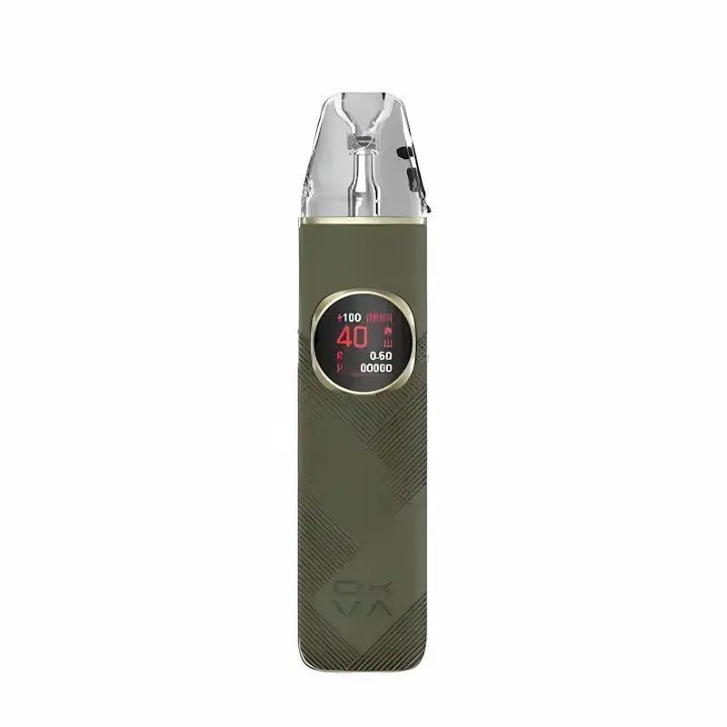 A DXVA disposable vape device in olive green with a textured grip, a clear mouthpiece, and a circular digital display on the front showing battery and temperature levels. ORDER NOW AND GET DISCOUNT 20% OFF