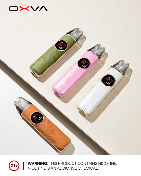 Four OXVA vape devices in green, pink, white, and orange are arranged diagonally on a light beige background with a white warning banner at the bottom. ORDER NOW AND GET 20% OFF