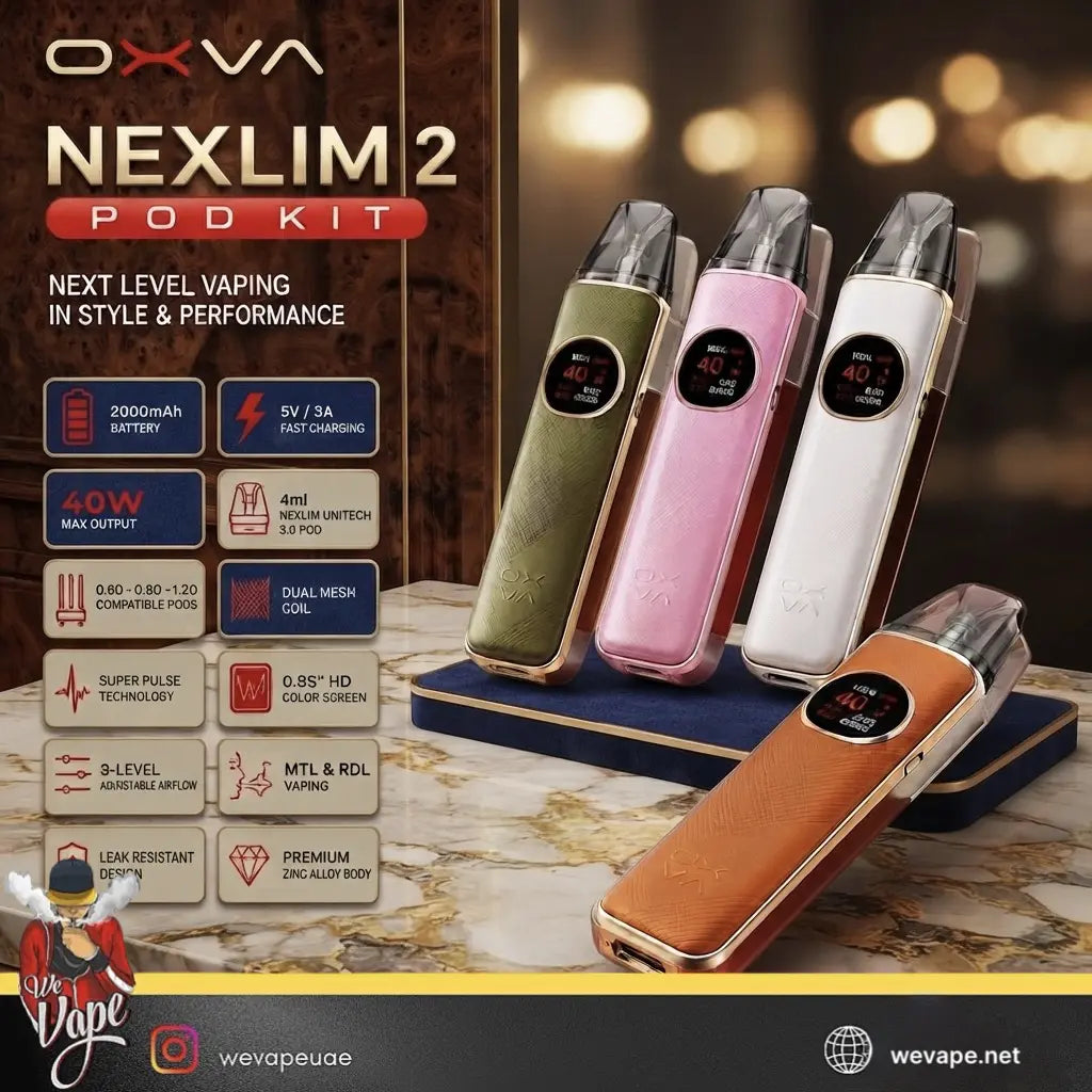 OXVA Nexlim 2 Pod Kit vape devices shown in multiple colors (olive green, pink, white, and orange-brown) on a marble surface with a dark wood background and promotional text overlays. / Order now and get free delivery