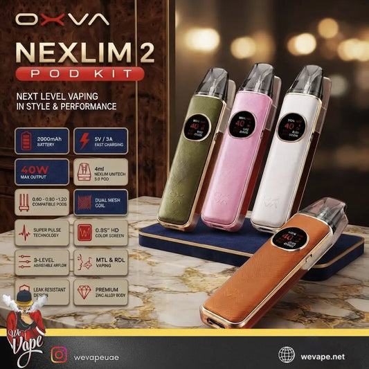 OXVA Nexlim 2 Pod Kit vape devices shown in multiple colors (olive green, pink, white, and orange-brown) on a marble surface with a dark wood background and promotional text overlays. / Order now and get free delivery