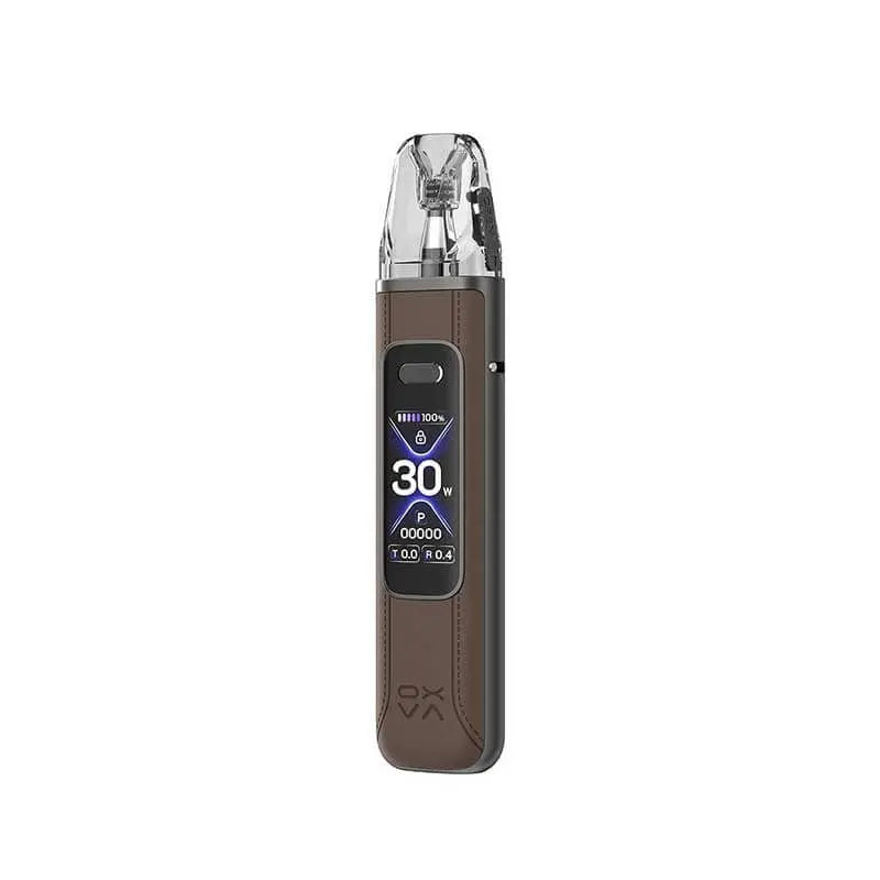 Brown vape device with digital display on a white background. Order Now.