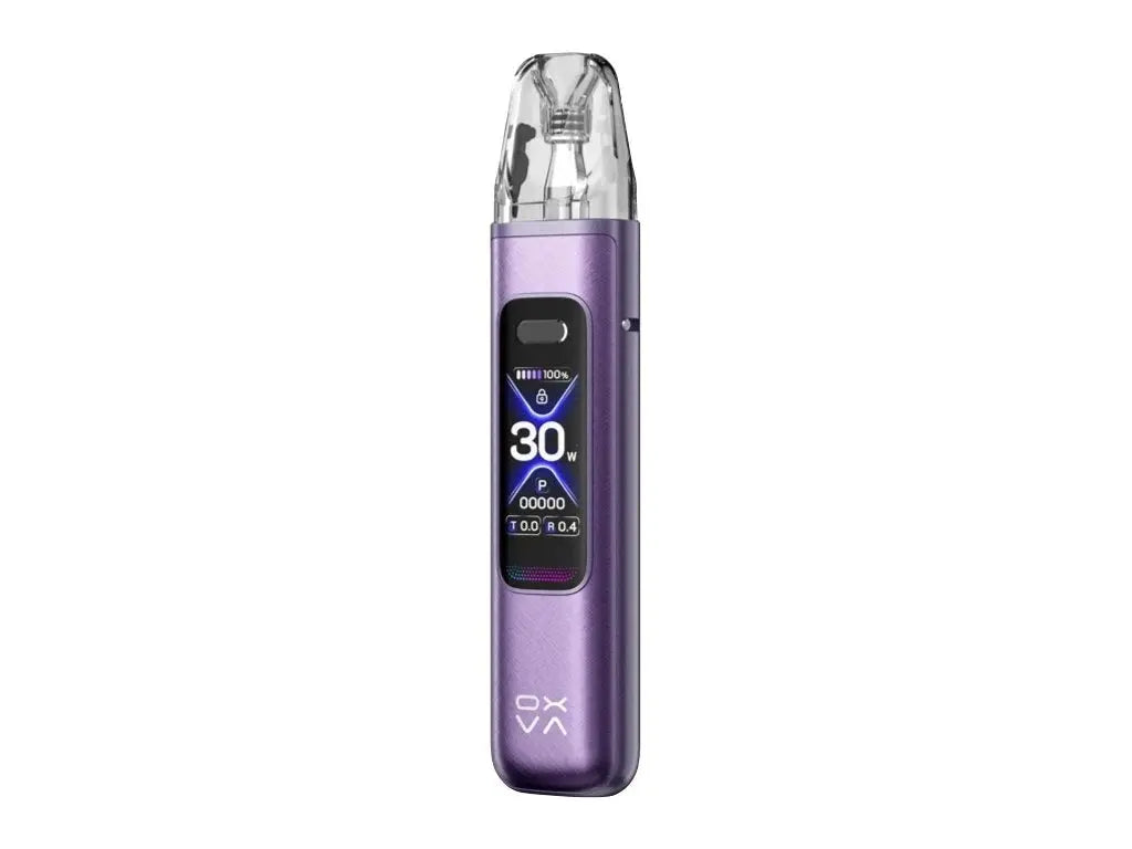 Purple vape device with digital display on a white background. Order Now!