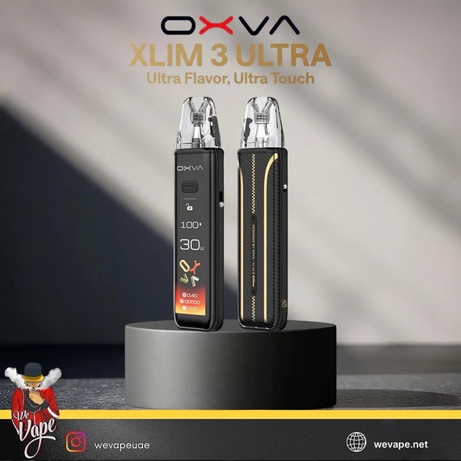 OXVA Xlim 3 Ultra vape device on a black stand with a gray background. ORDER NOW!