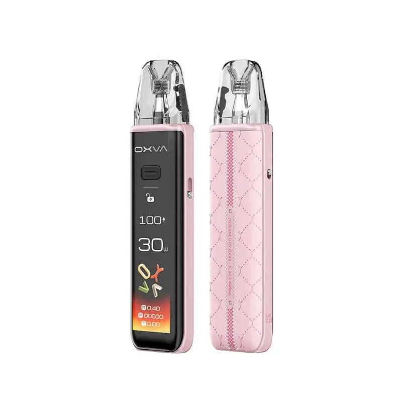 OXVA vaping device with digital display and pink textured case on a white background. ORDER NOW!