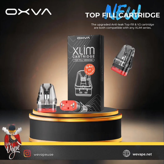 OXVA Xlim Cartridge packaging with two cartridges on a black and gold platform. ORDER NOW and have FREE DELIVERY