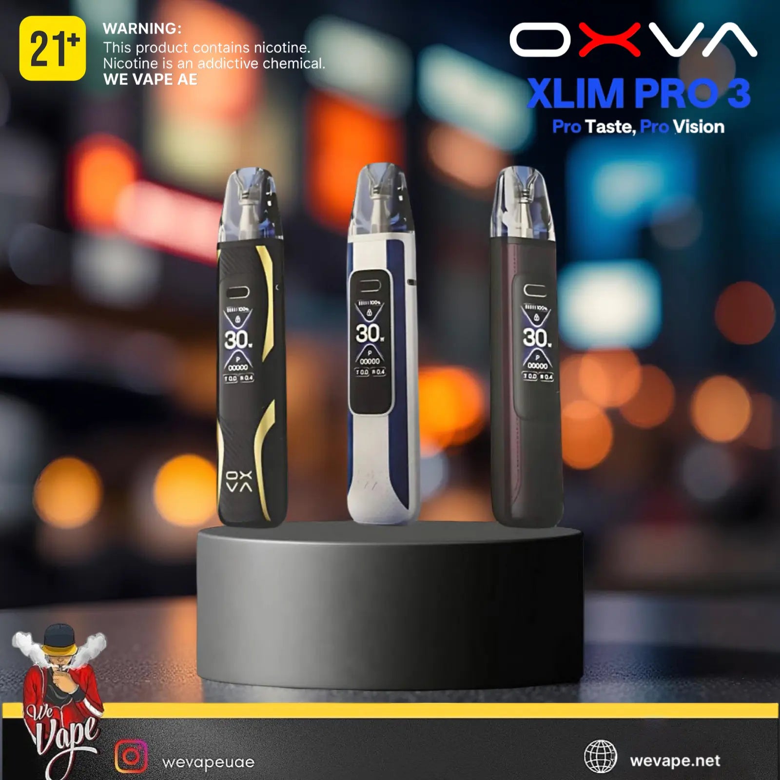 Three OXVA XLIM PRO3 vape devices on a stand with a blurred colorful background. ORDER NOW!