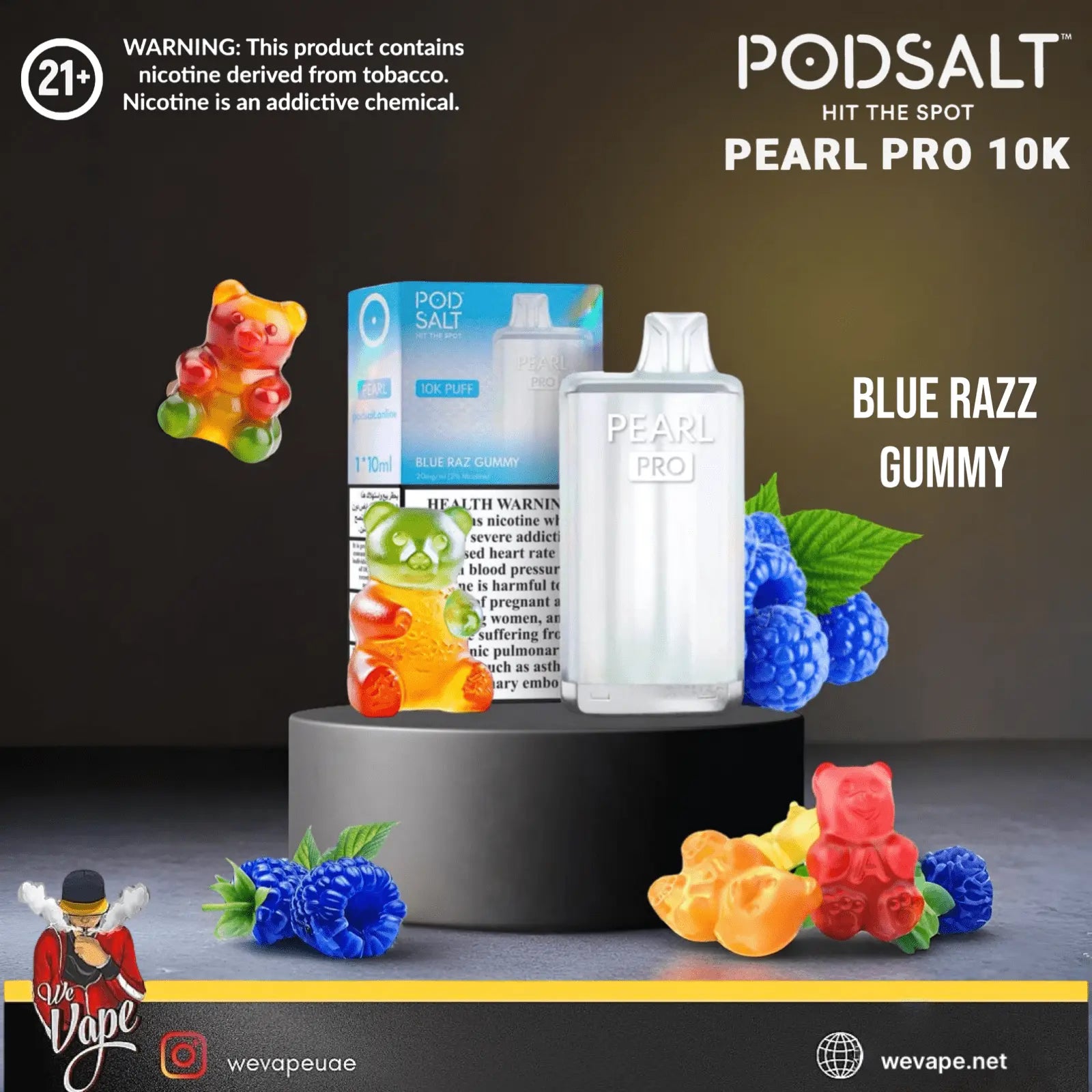 Podsalt Pearl Pro 10K vape device with blue razz gummy flavor packaging and gummy bears on a dark background.