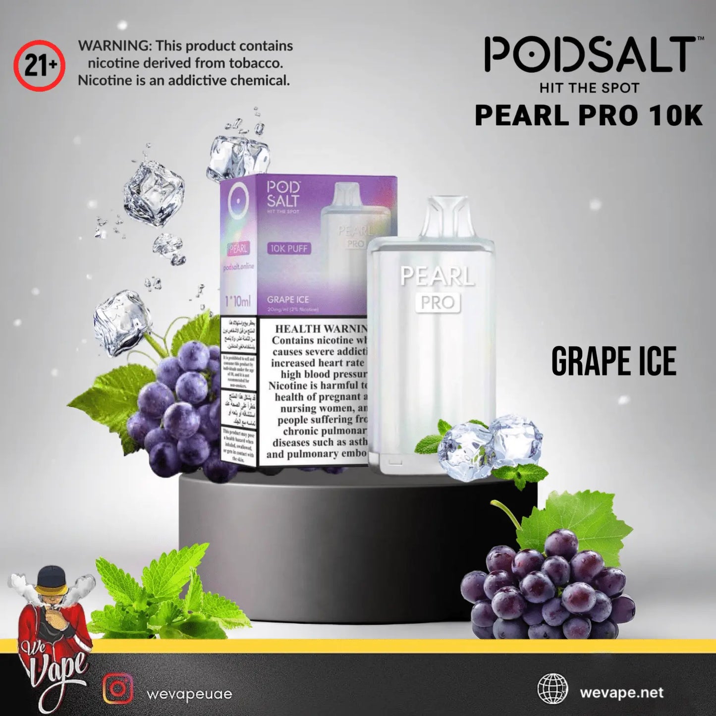 Podsalt Pearl Pro 10K Grape Ice vape product with packaging and branding elements on a gray background.