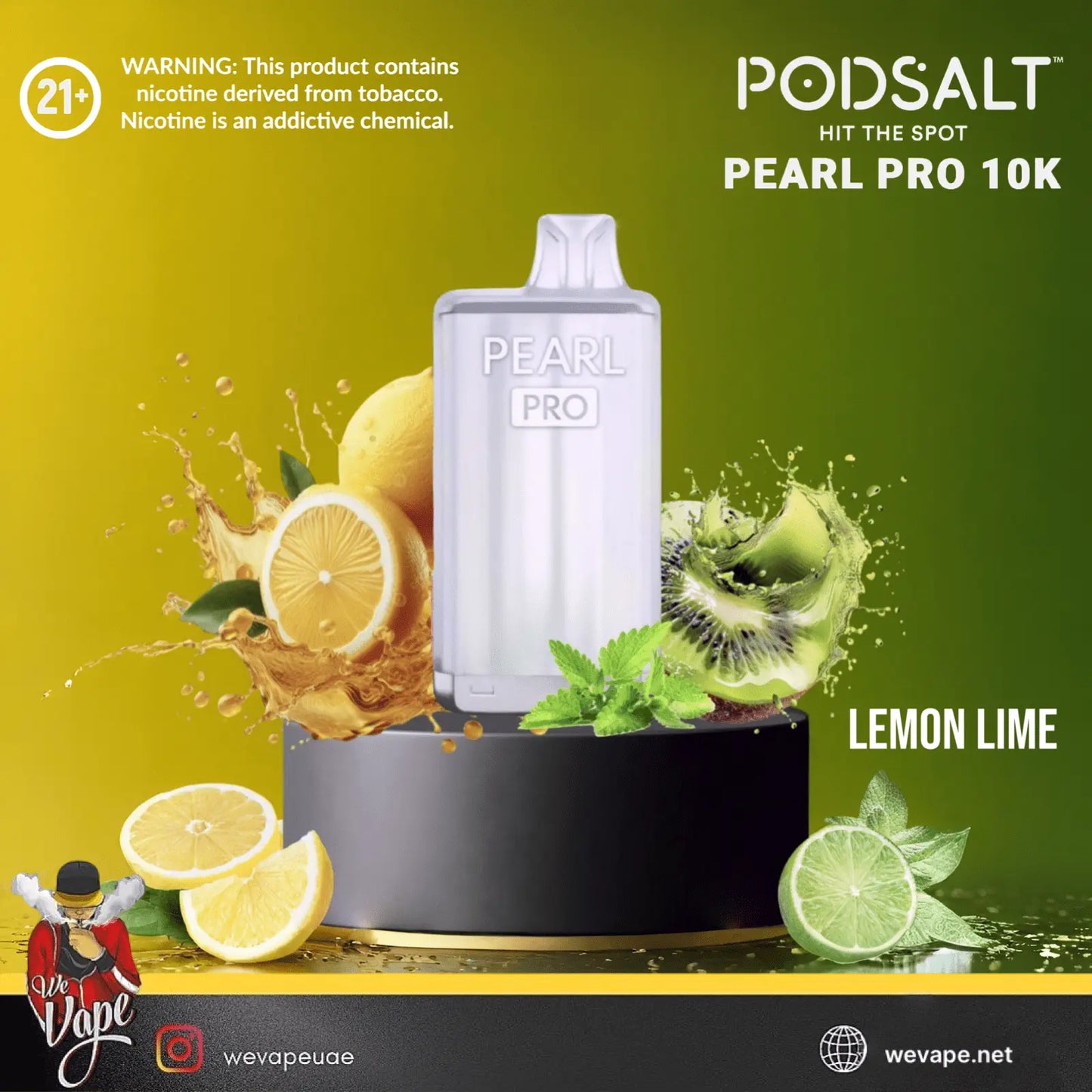 Podsalt Pearl Pro 10K vape device with lemon and lime elements on a green background