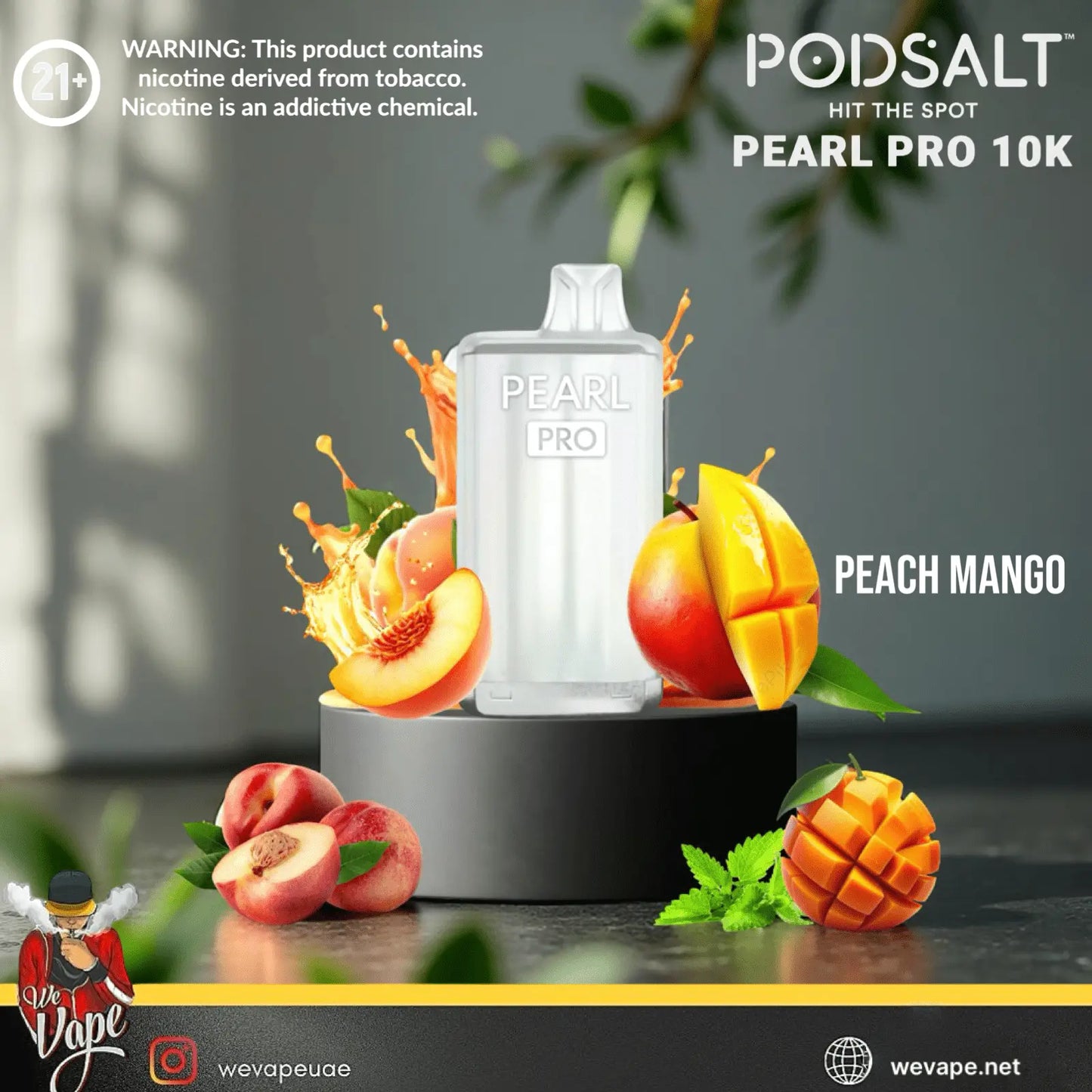 Podsalt Pearl Pro 10K vape device with peach and mango elements on a dark surface.