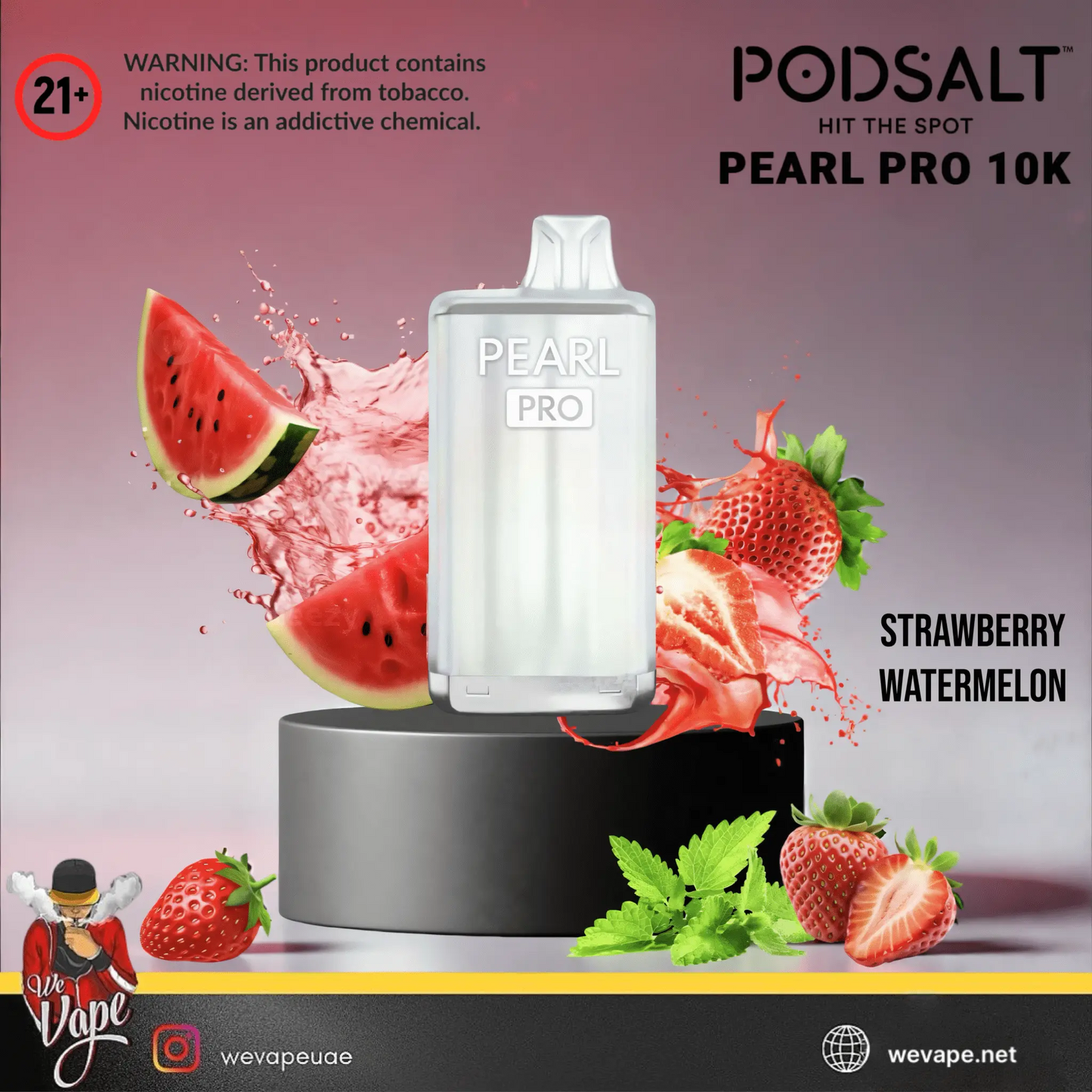 Podsalt Pearl Pro 10K strawberry watermelon vape device with fruit graphics on a gradient background