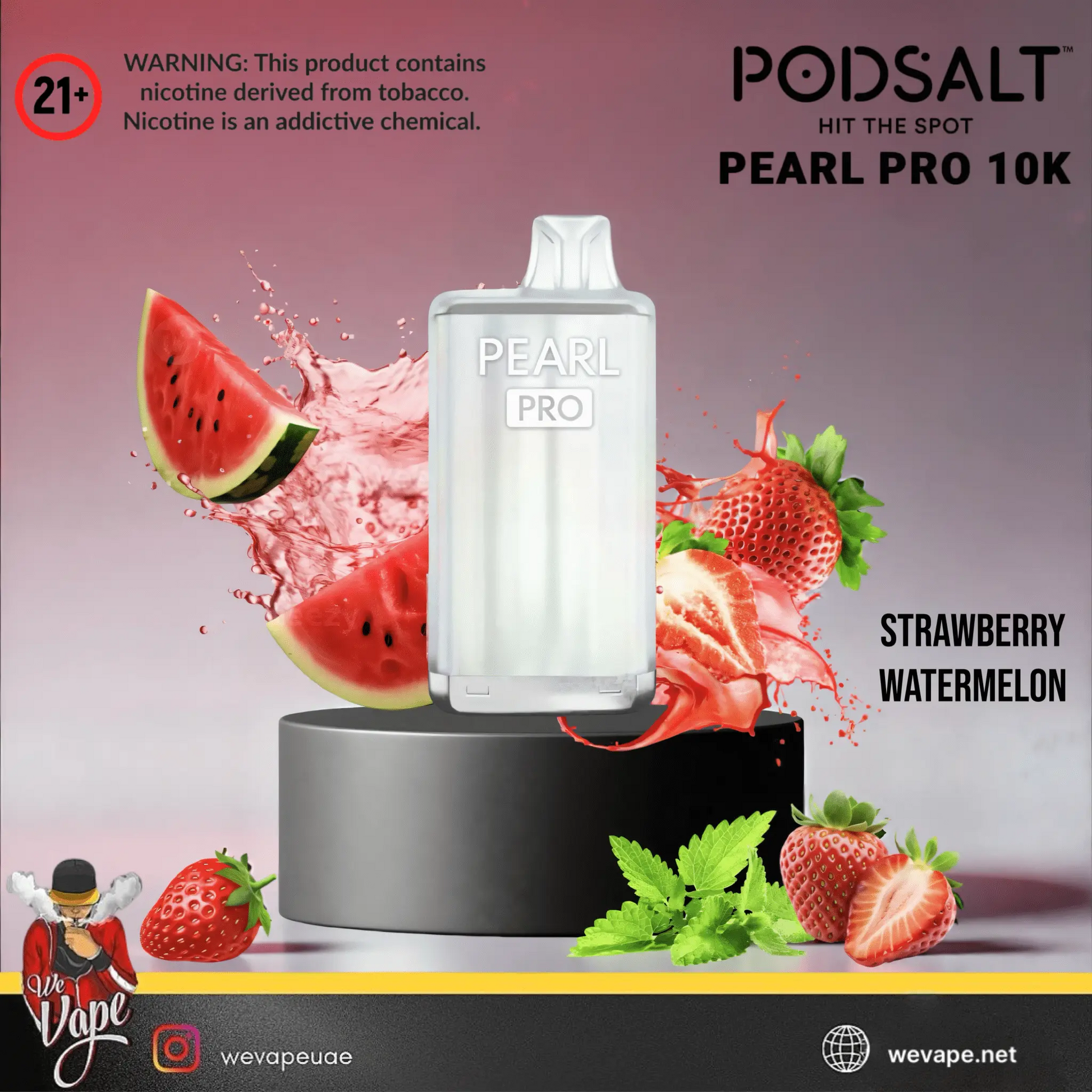 Podsalt Pearl Pro 10K strawberry watermelon vape device with fruit graphics on a gradient background