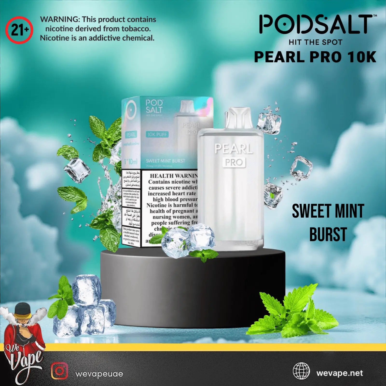 Podsalt Pearl Pro 10K Sweet Mint Burst vape device with packaging on a blue background