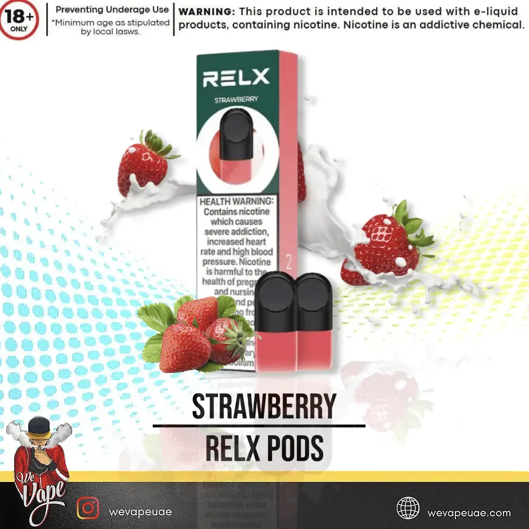 RELX Strawberry vape pods packaging with strawberries and milk on a colorful background. ORDER NOW AND GET FREE DELIVERY!