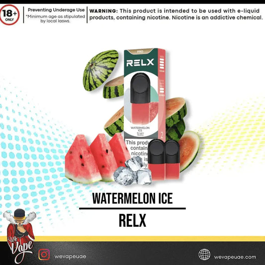RELX vape device packaging with watermelon ice flavor on a colorful background. ORDER NOW AND GET FREE DELIVERY.