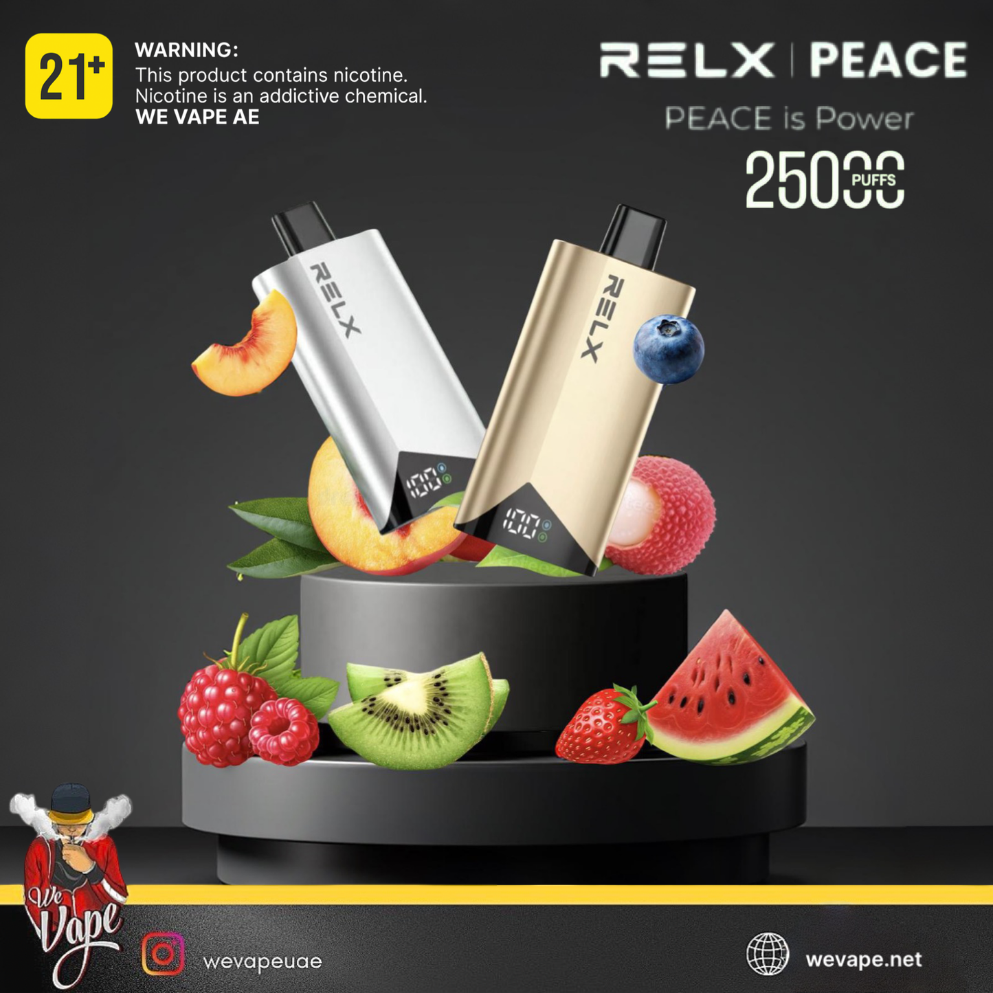 Two RELX PEACE vape devices on a stand with fruits and 'PEACE is Power' text on a dark background. ORDER NOW!