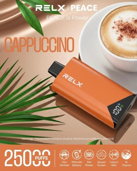 RELX device with a cup of cappuccino and leaves on a beige background. Order Now!
