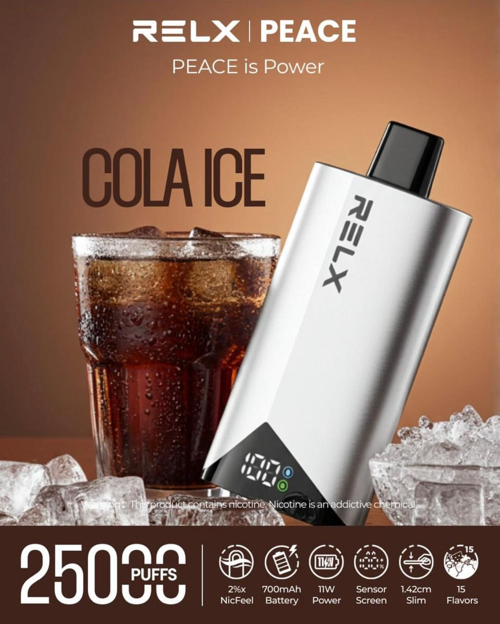 RELX PEACE vaping device with a glass of cola ice on a brown background. Order Now!