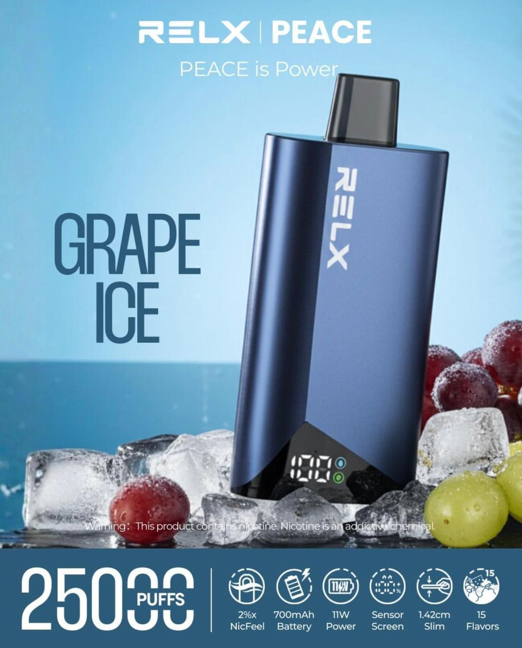 RELX PEACE vape device with grape ice flavor on a blue background. Order Now!