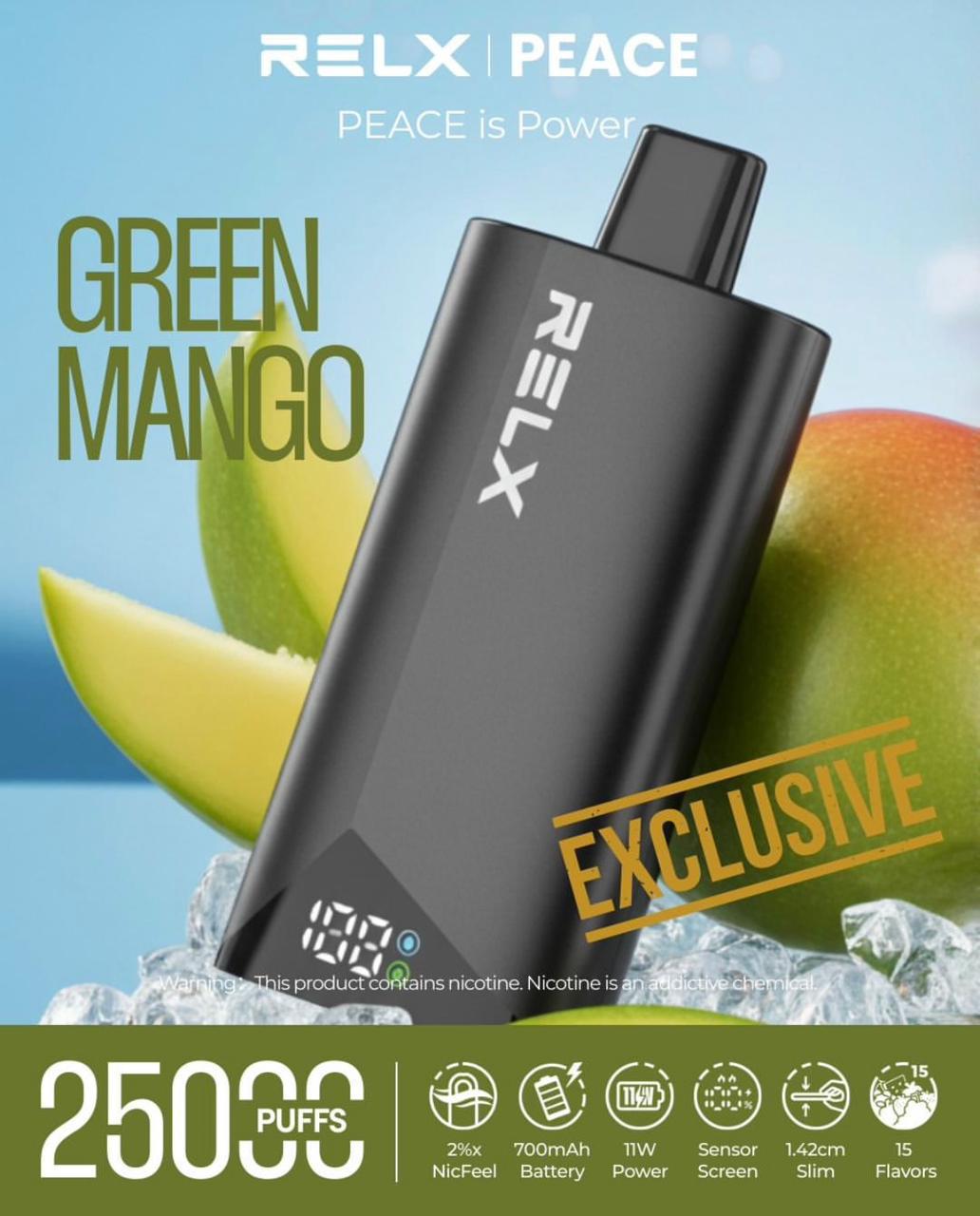 RELX vape device with green mango flavor on a blue background. Order Now!