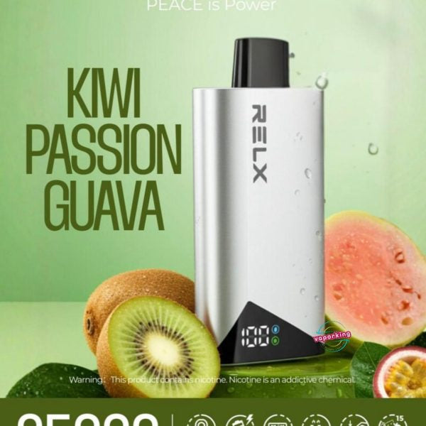 RELX vape device with kiwi, passion fruit, and guava on a green background. Order Now!