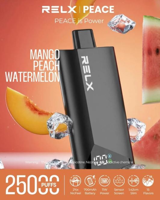 RELX vape device with mango peach watermelon flavor on an orange background. Order Now!