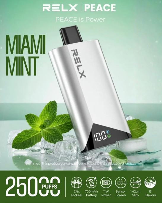 RELX vape device with 'Miami Mint' flavor on a green background. Order Now!