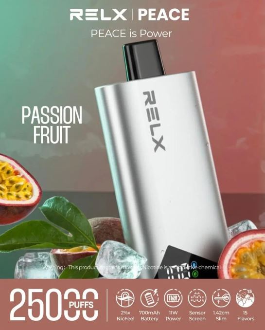 RELX PEACE vape device with passion fruit flavor and product details on a colorful background. Order Now!