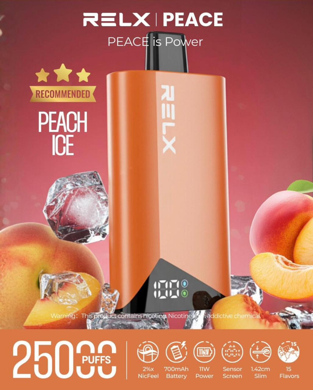 RELX PEACE vape device with peach ice flavor on a vibrant background. Order Now!