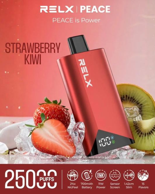 Red RELX device with strawberry kiwi flavor on a pink background. Order Now!