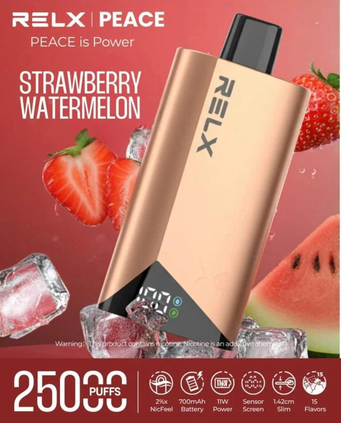 RELX device with strawberry watermelon flavor on a red background. Order Now!