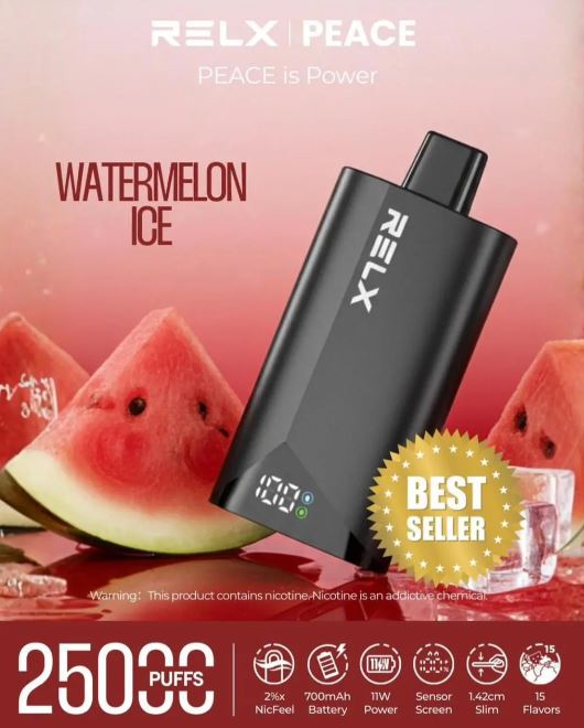 RELX vape device with watermelon slices on a red background. Order Now!