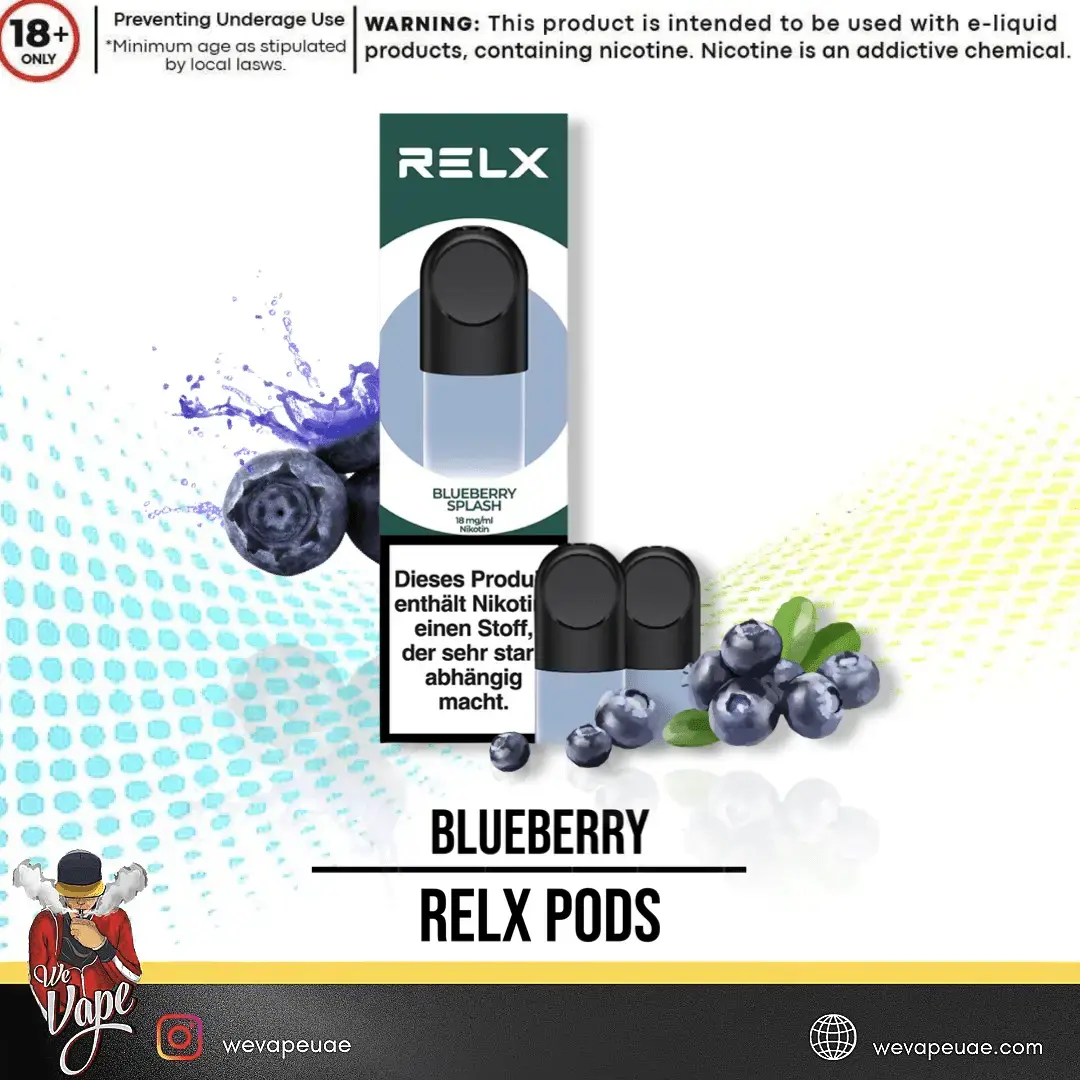 Relx blueberry vape pods packaging with blueberries and a warning label on a colorful background. ORDER NOW AND GET FREE DELIVERY!