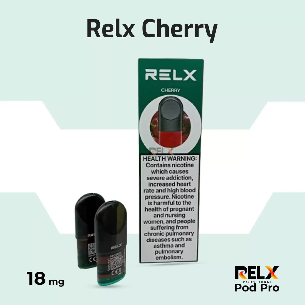 RELX Cherry vape pod packaging with two pods on a light green background. ORDER NOW AND GET FREE DELIVERY!