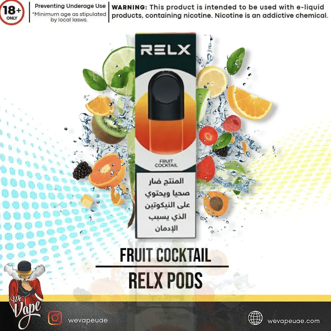 Relx Fruit Cocktail vape pod packaging with fruit graphics and branding elements. ORDER NOW AND GET FREE DELIVERY!