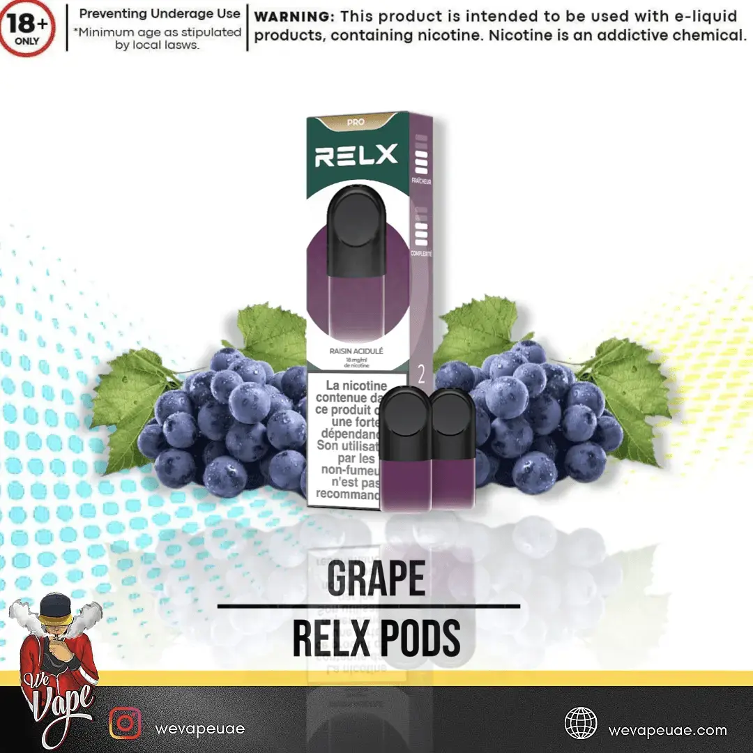 Grape-flavored RELX vape pods packaging with grapes and brand logos on a colorful background. ORDER NOW AND GET FREE DELIVERY!