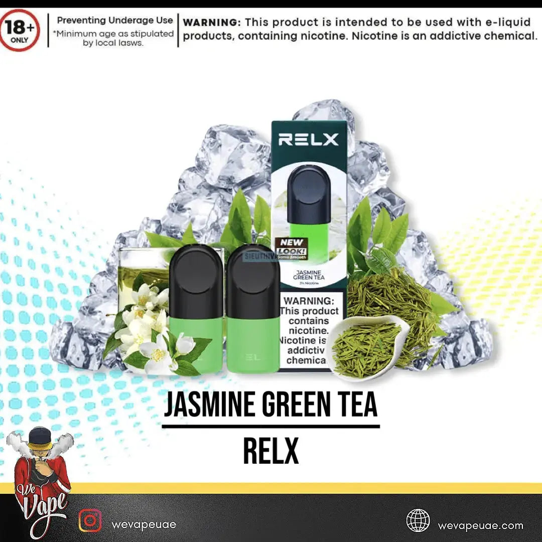 RELX Jasmine Green Tea vape device packaging with ice cubes and tea elements on a white background. ORDER NOW AND GET FREE DELIVERY!
