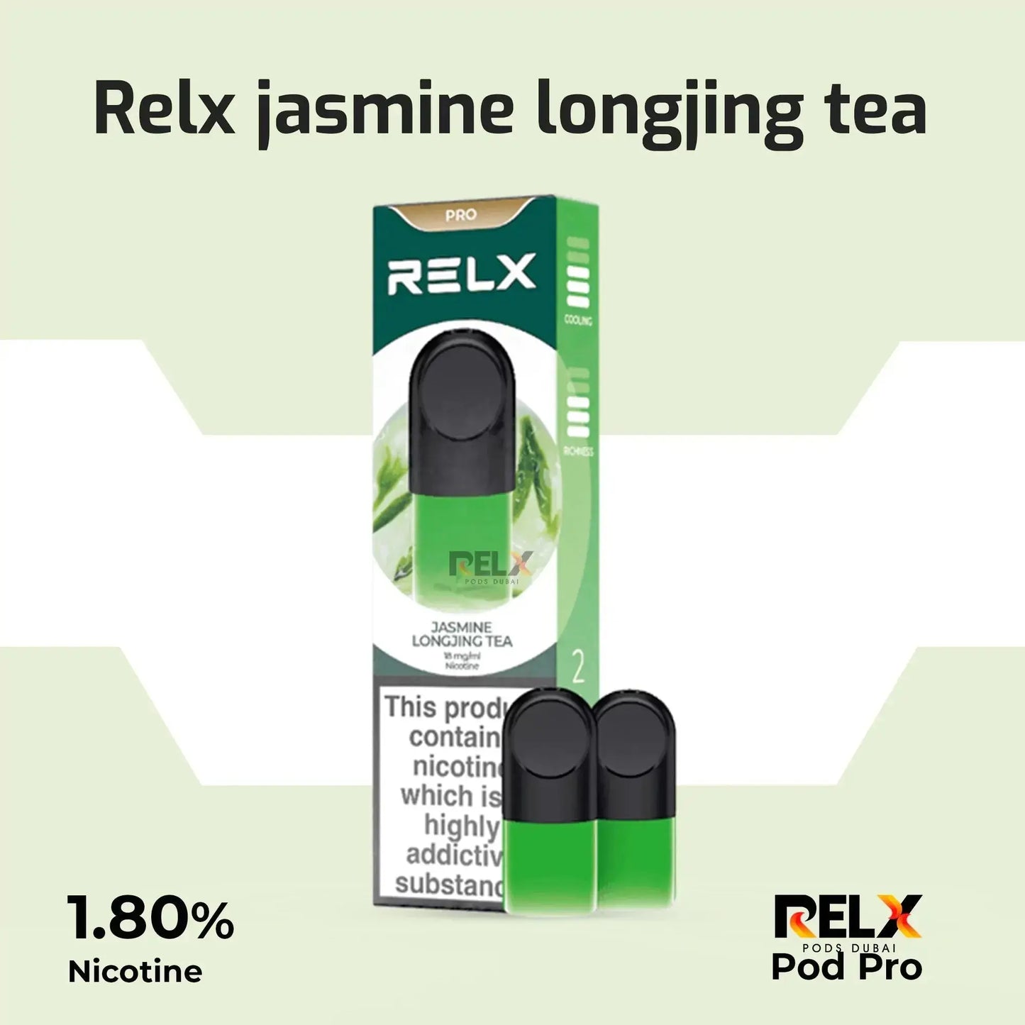 RELX Pod Pro packaging with jasmine longjing tea flavor on a light green background. ORDER NOW AND GET FREE DELIVERY!