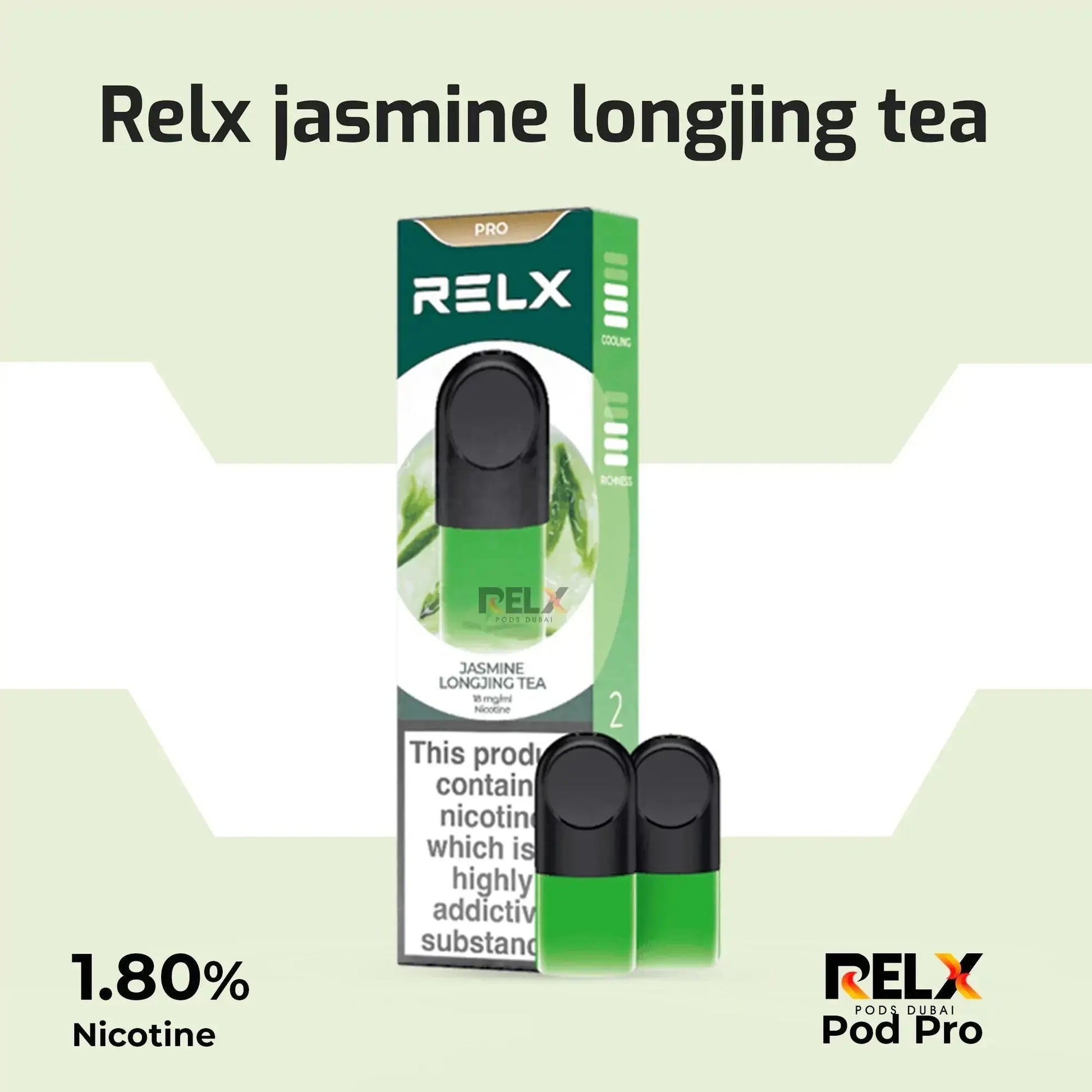RELX Pod Pro packaging with jasmine longjing tea flavor on a light green background. ORDER NOW AND GET FREE DELIVERY!