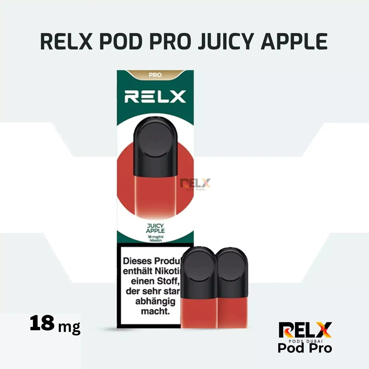 RELX Pod Pro Juicy Apple packaging on a white background. ORDER NOW AND GET FREE DELIVERY