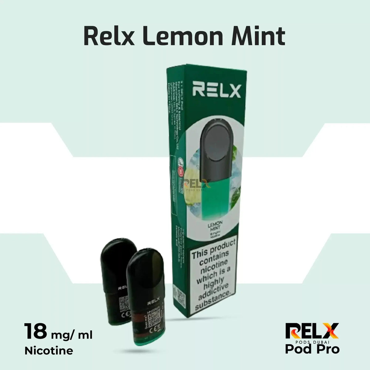 Relx Lemon Mint vape device and packaging on a light green background. ORDER NOW AND GET FREE DELIVERY!