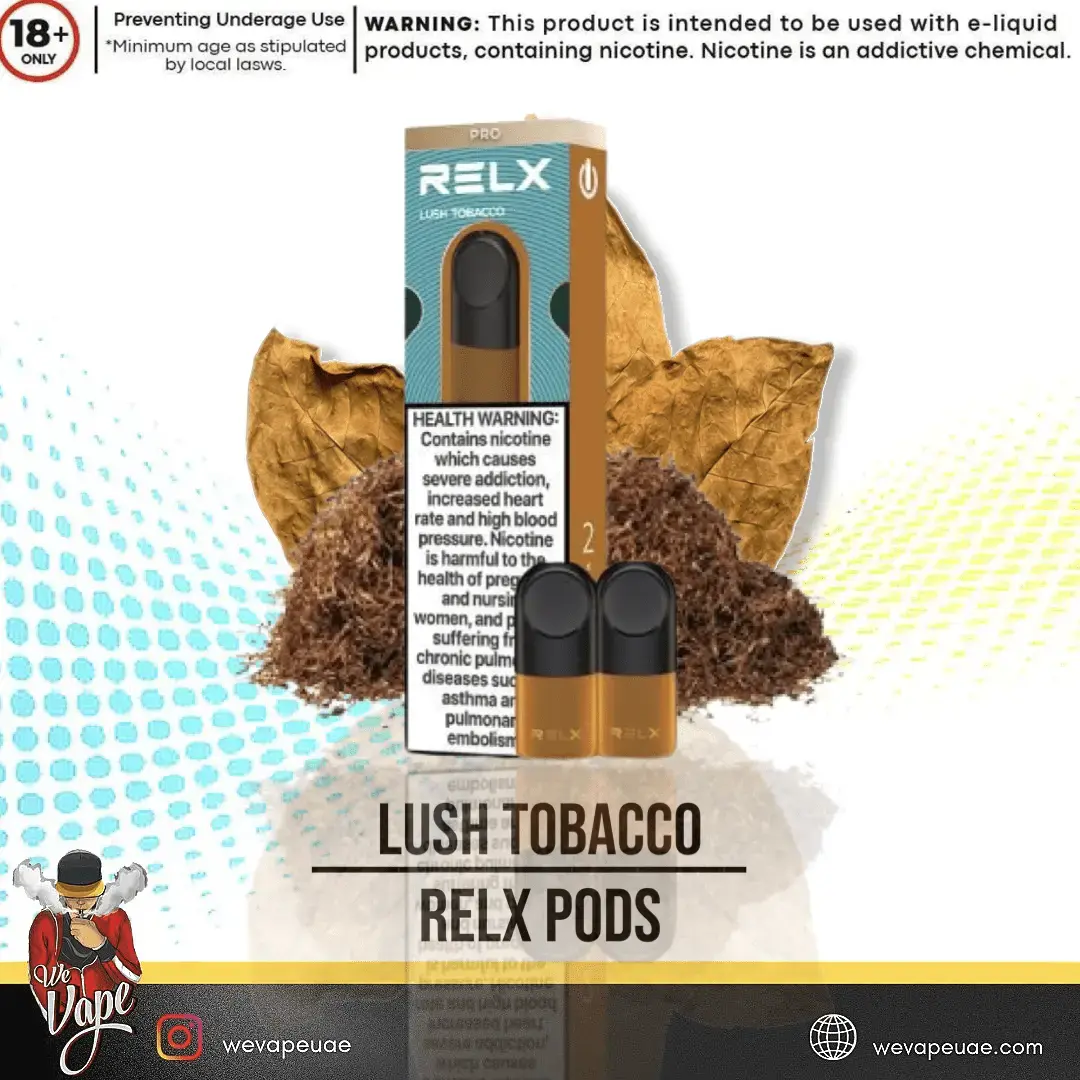 Relx Lush Tobacco vape pods packaging with health warning label and product details. ORDER NOW AND GET FREE DELIVERY!