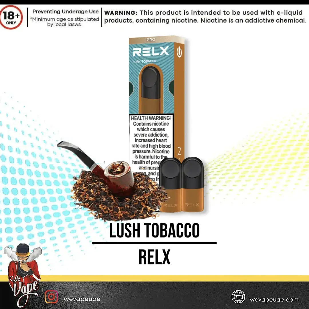 RELX vape device packaging with tobacco imagery and product name 'Lush Tobacco' on a colorful background. ORDER NOW AND GET FREE DELIVERY